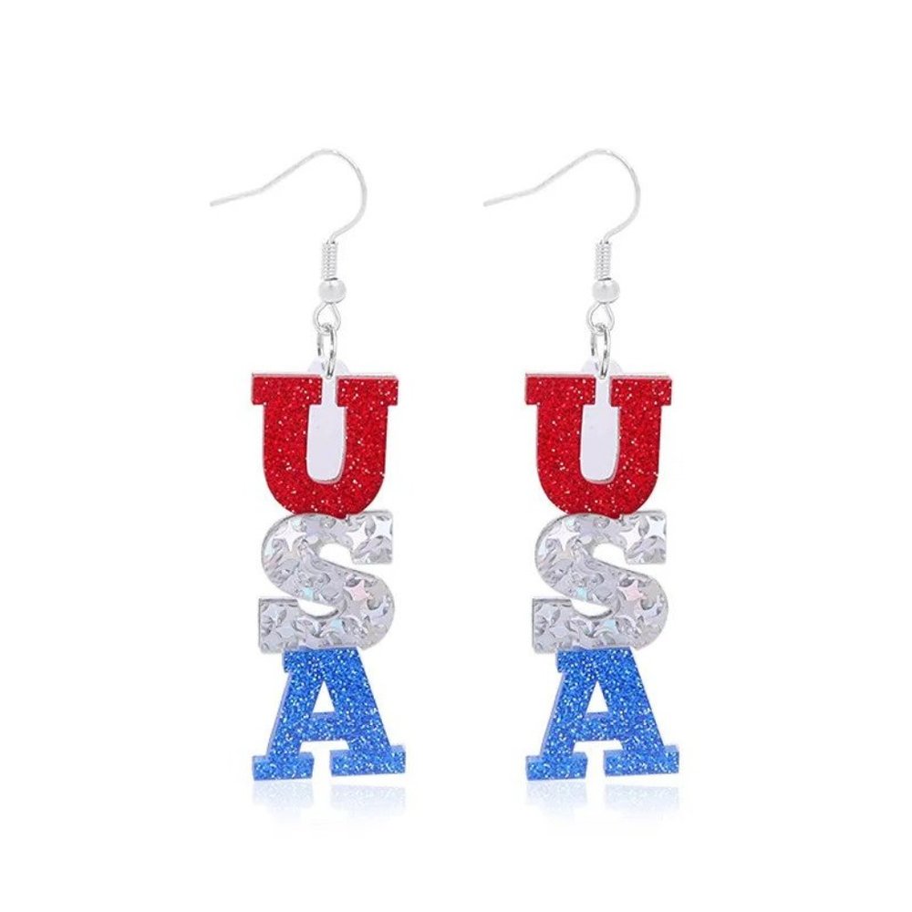 Patriotic Glitter Acrylic "USA" Dangling Earrings America 250th